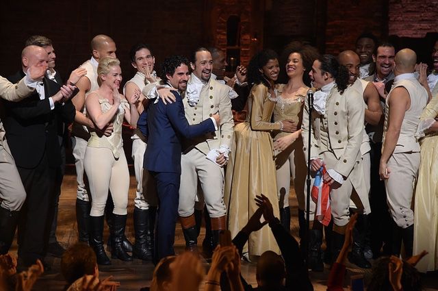The cast of Hamilton celebrates after its Grammy performance